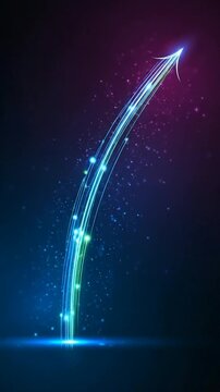 A glowing, abstract light arrow curves upwards with sparkling particles on a dark blue and purple background.