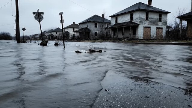 Post Apocalyptic Flooded Urban Landscape With Ruined Houses Under A Gloomy Sky Showing A Dark Atmosphere