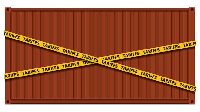 Shipping container blocked by tariffs symbolized warning tape isolated on white background