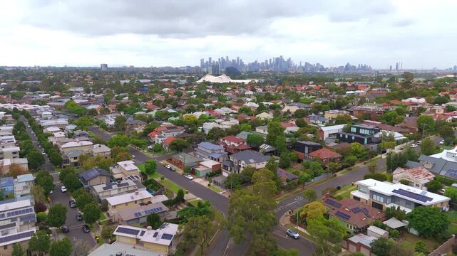 10 March 2026 Panoramic Aerial Drone view of Inner Suburbs of Melbourne housing, roof tops, the streets and the parks, the roads and trees of Ascot Vale Moonee Ponds Essendon VIC Australia