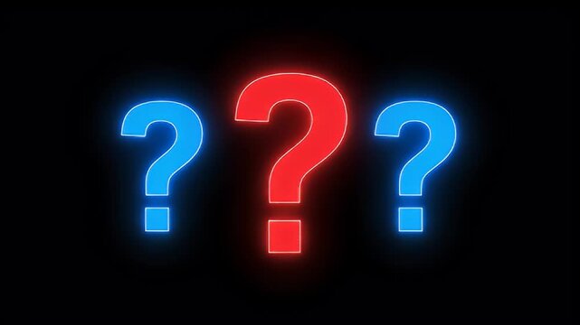 Neon Red and Blue Glowing Question Mark on a Black Background Symbolizing Mystery, Choice, and Uncertainty