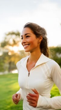 Woman Jogging Through Sunlit Park with Joyful Expression