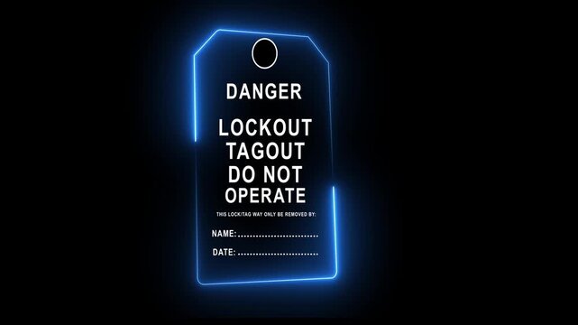 Lockout tagout safety sign hangs on industrial machinery belts to prevent operation and ensure worker protection. Exclamation symbol, danger Text ...