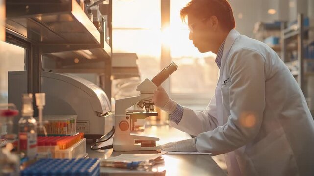 男性が夕方の分子生物学ラボでPCR装置と遠心機の前で顕微鏡観察