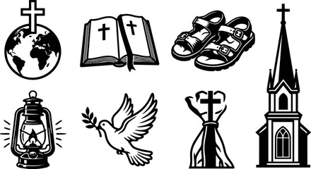 Naklejka premium Black silhouette vector icons of globe with cross book with crosses sandals lantern flying dove praying hands and church steeple symbols