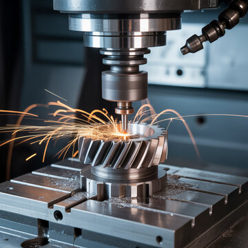 Close-up of CNC milling machine spindle in industrial workshop.