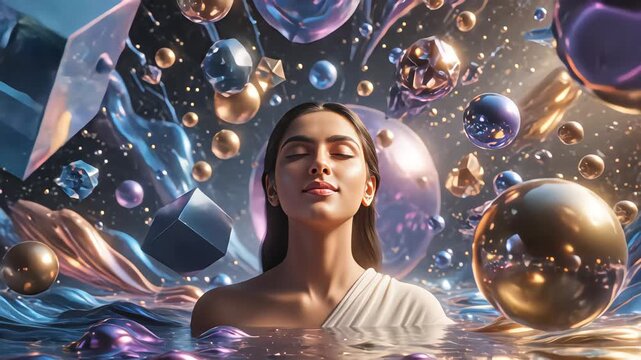 AI generated surreal portrait of a peaceful woman with closed eyes surrounded by floating geometric spheres and metallic crystals in a cosmic ocean