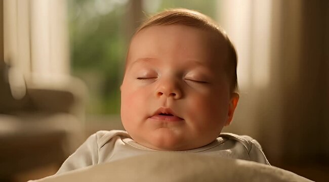 Serene infant with closed eyes and rosy cheeks peacefully sleeping indoors