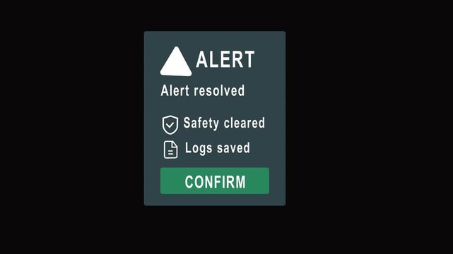 Alert resolved notification on industrial control panel with green confirm button and hydrogen storage black background.