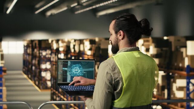 Male employee handling distribution with AI tools on laptop and high tech, working on industrial platform. AI-powered systems with machine learning support order fulfillment, large business.