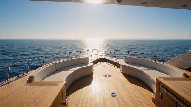 Luxury yacht sailing on the ocean with comfortable seating and teak deck