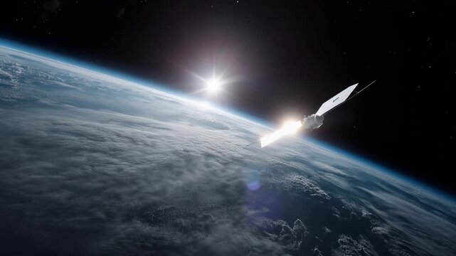 exact reference composition, orbital satellite slightly right of center tilted diagonally from lower right toward upper left, cylindrical spacecraft body facing toward camera technology