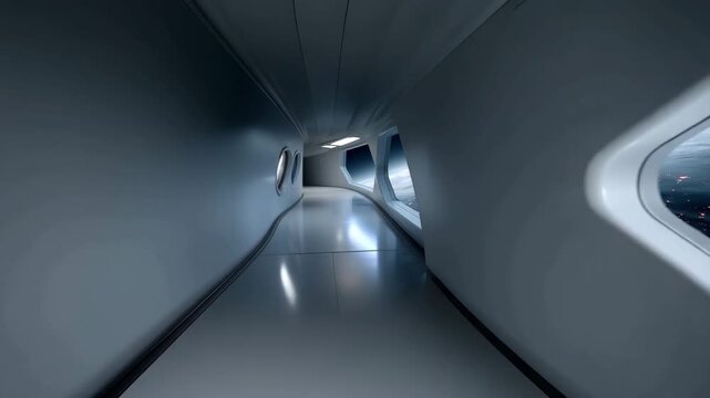 High-tech spacecraft corridor inside a futuristic orbital station with glossy white surfaces and curved structural frames, large panoramic viewing window on the left displaying technology