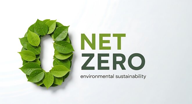 A graphic illustration of 'NET ZERO' with a zero formed by green leaves, emphasizing environmental sustainability and climate action.