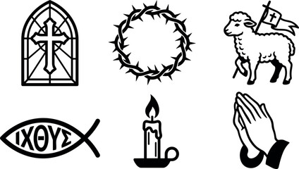 Fototapeta premium Black line art religious symbols including stained glass cross crown of thorns lamb flag ichthys fish candle with flame and praying hands vector icons