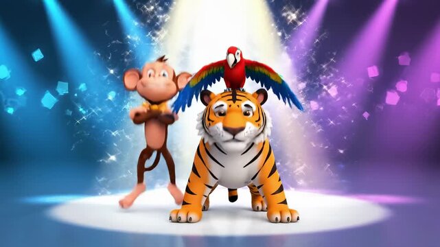 Cartoon tiger, monkey and parrot performing on stage under spotlights. Animated animals dancing together for entertainment show. Cute wildlife characters posing for performance