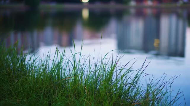 Green grass growing on river bank with blurred city reflection in water. Peaceful nature scene at sunset. Calm environment near lake with aquatic vegetation, scenic environment for relaxation