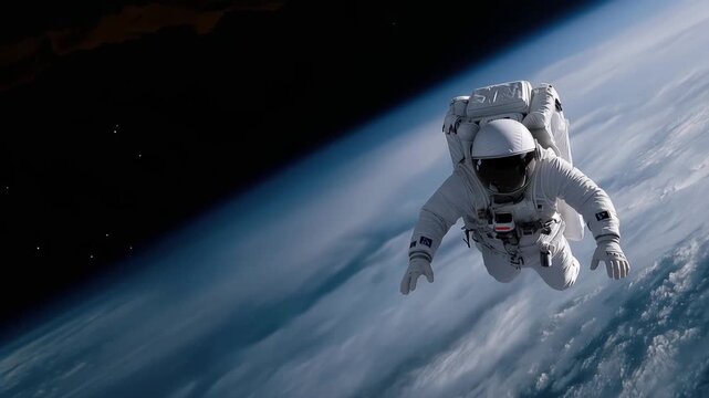 strict reference recreation, astronaut in white extravehicular mobility suit drifting in orbit above Earth, body angled diagonally across the frame with head toward the upper right, aerial view