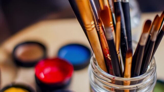 Artist picks up paint with brush from palette. Creative process of painter mixing vibrant watercolor colors. Set of professional tools for drawing and painting art project in a bright studio