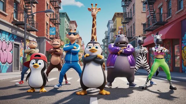 Group of animated animal characters dancing in city street together. Cartoon animals including penguin, monkey, giraffe, hippo, and zebra posing for a trendy