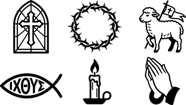 Black line art religious symbols including stained glass cross crown of thorns lamb flag ichthys fish candle with flame and praying hands vector icons