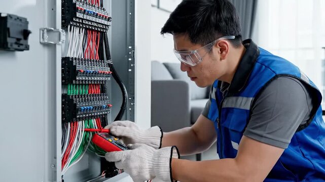 Electrician using multimeter to check electrical panel wiring. Professional man in safety gear testing circuit breaker board