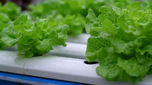 Hydroponic farming lettuce growing in rows. Green organic plants cultivated in water system. Sustainable agriculture greenhouse vegetable production for fresh food