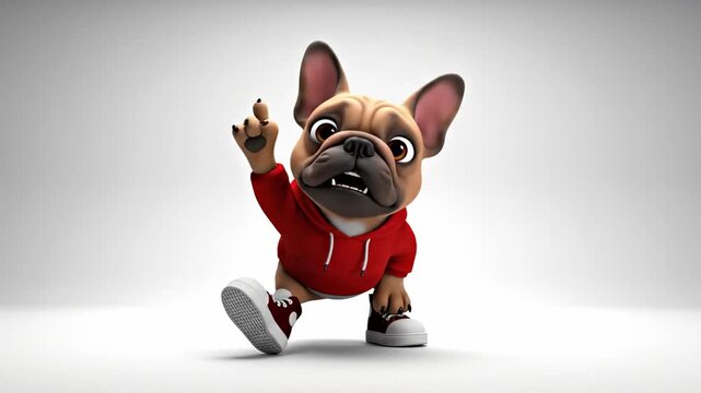 French bulldog wearing a red hoodie and sneakers dancing in a sequence of three different poses. Cute 3d animated dog character performing cool hip hop moves isolated on a clean white background