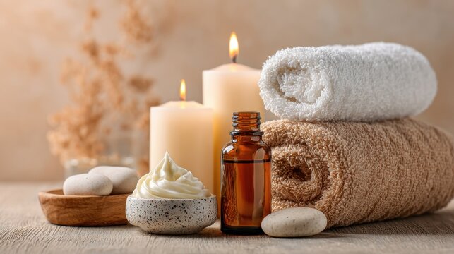 Beautiful spa treatment composition such as Towels, candles, essential oils, Massage Stones on light wooden background. blur living room, natural creams and moisturizing Healthy lifestyle, body care
