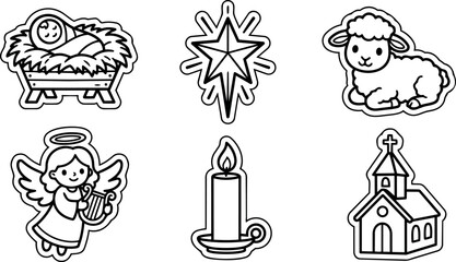 Naklejka premium Black and white vector icons of nativity baby jesus lamb angel candle church star set simple line art