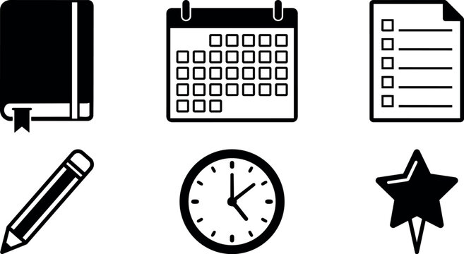 Minimalist icon set including closed notebook with bookmark calendar with dates checklist page pencil clock showing five oclock and star symbol