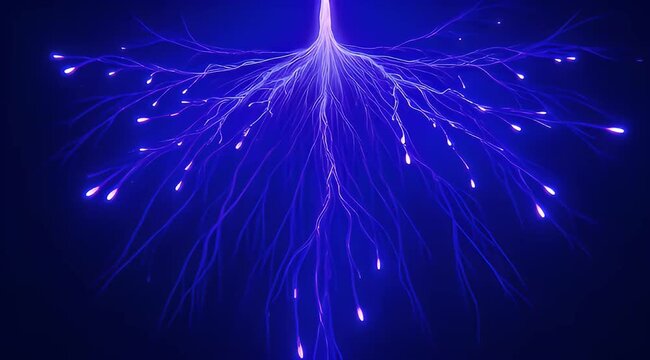 Abstract blue and purple fractal lines resembling roots or electrical discharge