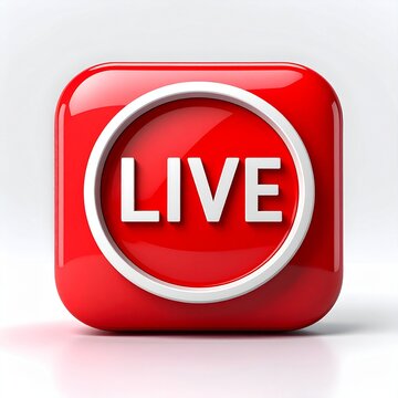 Live button 3D render, red square icon with white circle and text, for streaming, broadcasting, and online content.