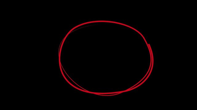 hand drawn circle marker animation on black background. red pen style scribble with smooth drawing effect. transparent background overlay for highlighting and compositing. 4k loopable video.