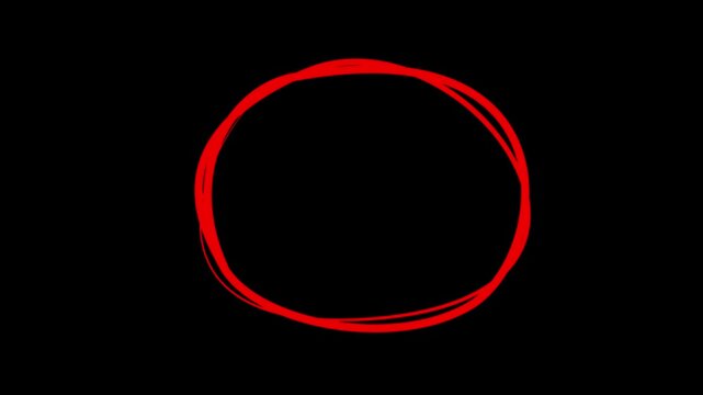 red circle highlighter scribble animation on black background. hand drawn marker pen effect with dynamic motion. transparent background overlay for text emphasis and video editing.