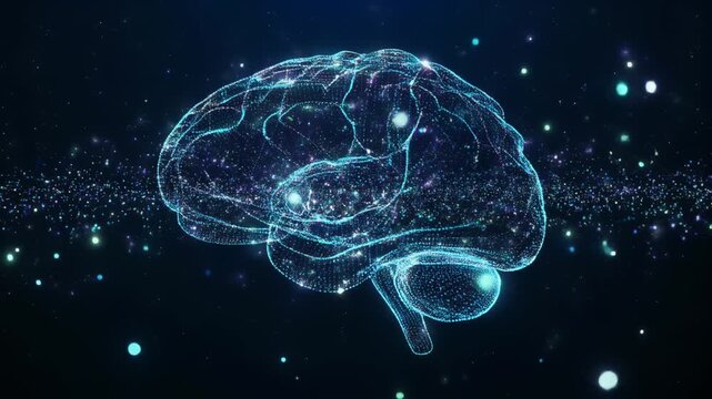 暗闇に浮かぶ発光粒子が神経網のように広がる人工知能データネットワーク背景