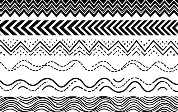 Geometric decorative border pattern collection featuring zigzags, chevrons, triangles, dots, curves, wavy lines, vector black and white design