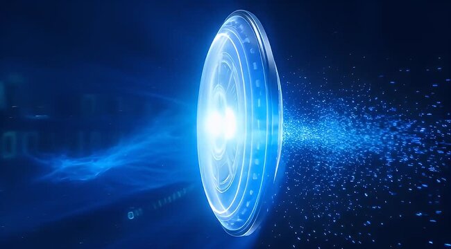 Futuristic blue energy shield with plasma trails and particle bursts surrounding it