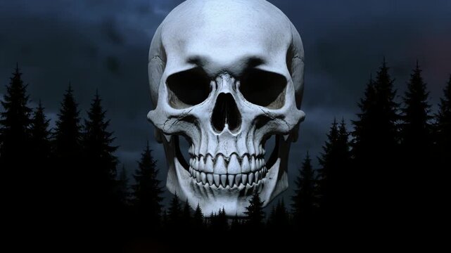暗い森に浮かび上がる骸骨の頭部が不気味に佇むハロウィンの神秘的な夜の情景