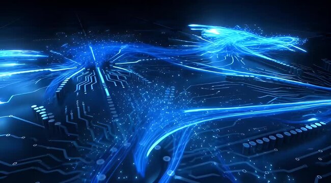 Abstract blue circuit board with glowing lines and high technology concept