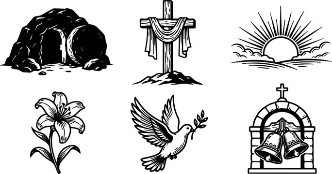 Black and white religious symbols collection featuring resurrection cave cross with cloth sunrise flower dove with olive branch and church bells vector art