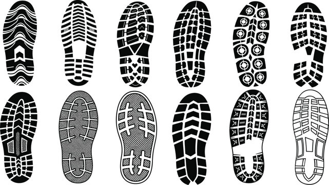 Shoe sole print illustration collection featuring athletic, hiking, casual, work boot tread patterns, forensic footwear vector design