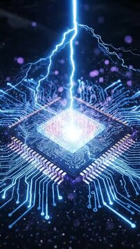 A powerful blue lightning bolt striking a glowing microchip with intricate circuit lines.