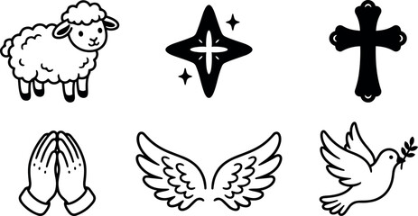 Naklejka premium Minimalist black and white religious vector icon set including lamb shining star cross praying hands wings and dove holding olive branch