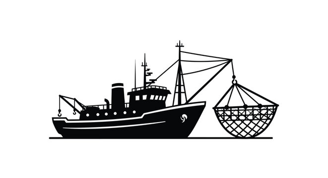 Black and white illustration of a shrimp trawler vessel at sea