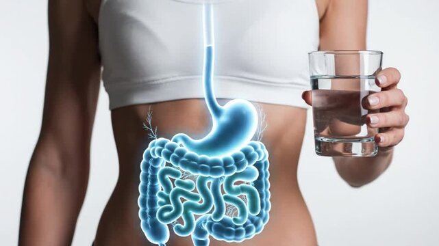 Illuminated digestive system concept showing water intake benefiting gastrointestinal health video footage