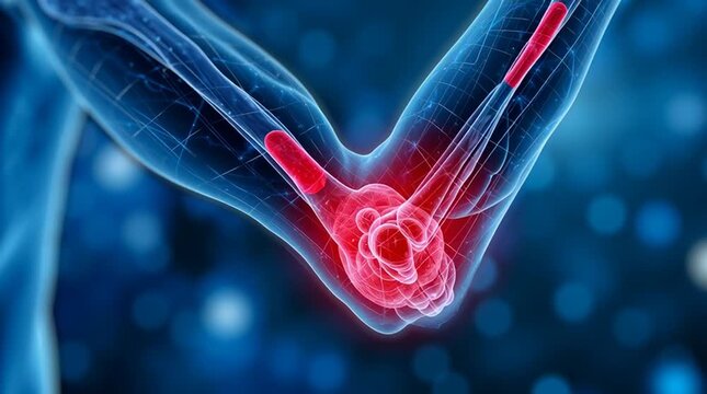 A medical video illustration of a human elbow joint with inflammation