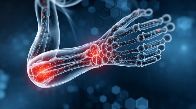 A medical video illustrating a human arm with glowing red joints and bones