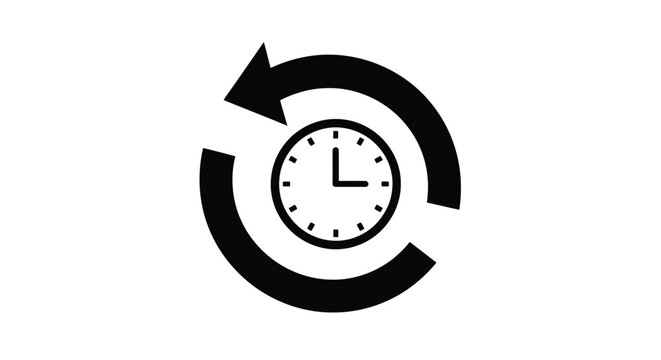 Black icon depicting a clock surrounded by a circular arrow