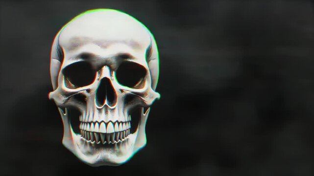 煙のように揺らぐグリッチの闇から浮かび上がる骸骨頭部のホラーハロウィン背景